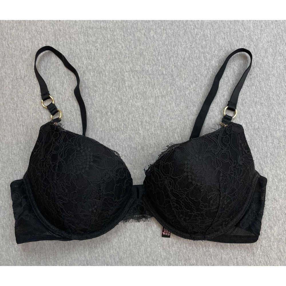 Victorias Secret Bra Womens 36C Black Lace Push Up Adjustable Strap Underwire